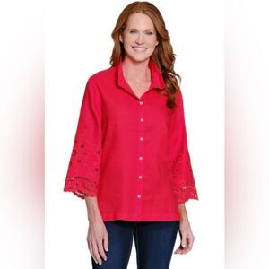 NWT JOHN MARK LINEN TOP WITH EMBROIDERED EYELET SLEEVES - VIVID RED Size L